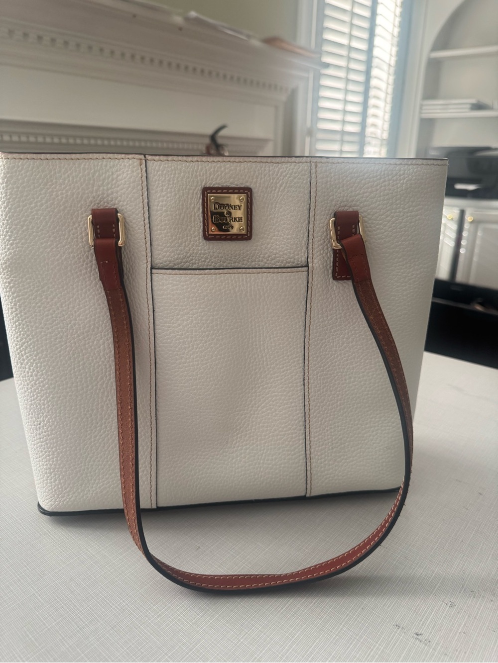 Dooney & Bourke White Pebbled Leather Tote with Brown Straps and Gold Hardware